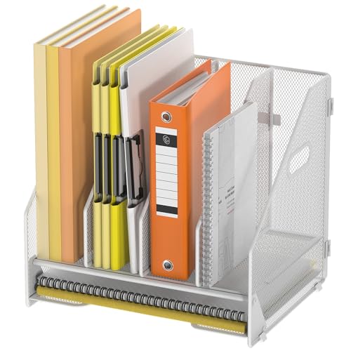 Docnest Desk File Holder Sorter, 4 Vertical Compartments Rack with Letter Tray, Mesh Magazine File Holder with Handle,Workspace Organizers,Desk Organizers for Paper, Mail, Documents-White - color: White-4 Compartments