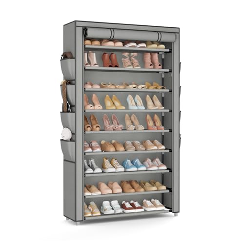 Shoe Rack with Cover, 10 Tier Shoe Organizer Storage for 40-50 Pairs Sneaker and Boots, Large Capacity, with 8 Pockets, Free Standing Tall Shoe Rack for Front Door Entrance, Closet, Grey - color: Grey