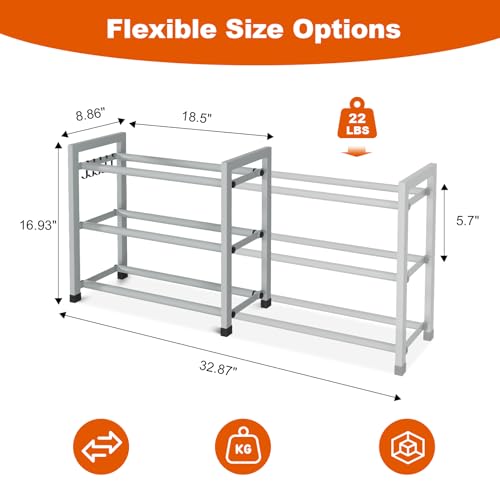 Expandable Shoe Rack for Closet Adjustable Metal Shoe Rack for Entryway 18.5"-33" Free Standing Shoe Organizer 12 Pairs with Hooks 3-Tier Small Shoe Shelf for Bedroom Garage Dorm Floor, Grey - color: Grey