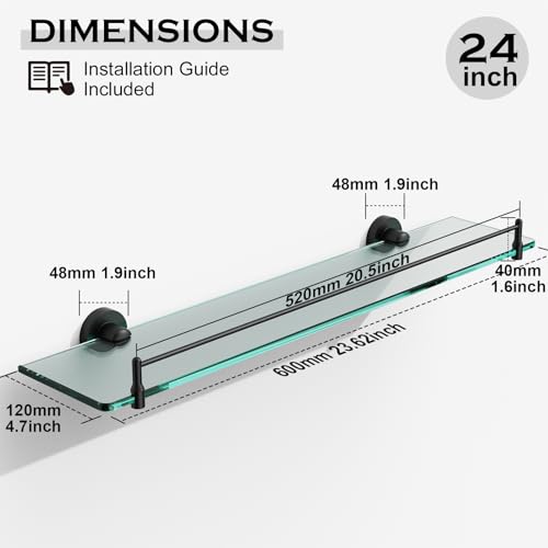 24 Inch Glass Bathroom Shelves,Matte Black Floating Shelves for Wall Rectangular Modern Stainless Steel Glass Shelf for Bathroom Shelves Wall Mounted - color: Matte Black, size: 24"with railing