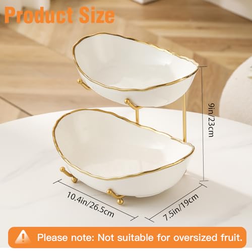 2 Tier Ceramic Fruit Bowl for Kitchen Counter, Tiered Fruit Basket for Countertop, Modern Multi Layer Fruit Display Stand for Party, Cute (Gold-rimmed, Small) - color: Gold-rimmed, size: Small