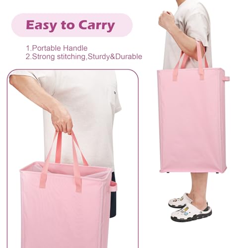 Odonata Slim Laundry Hamper Handles Collapsible Laundry Basket Thin Dirty Clothes Basket Narrow Laundry Bag Foldable Dirty Hamper 45L (Pink) - color: Pink