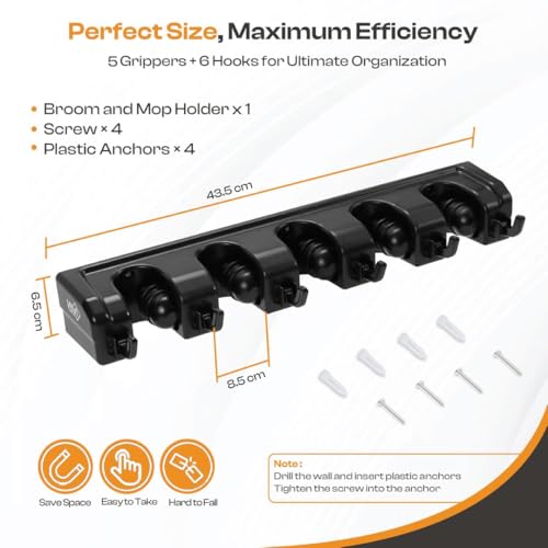 Heavy Duty ABS Plastic Broom Holder with 5 Slots and 6 Hooks | Wall Mount Mop and Broom Hanger | Waterproof Broom Organizer with Screws| Wall Mount Tool Organizer for Garage Storage - size: 5 Slots & 6 Hooks