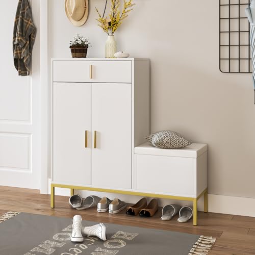 HedoAjim L-Shaped Shoe Storage Cabinet with Bench, Entryway Shoe Cabinet with Drawer, Modern Freestanding Shoes Organizer Cabinet for Entryway Hallway Front Door, White