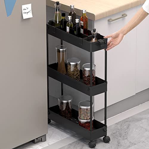 SPACELEAD Slim Storage Cart 3 Tier,Bathroom Organizer Rolling Utility,Mobile Shelving Unit Slide Out for Office, Kitchen, Laundry Room & Narrow Places,Black - color: Black