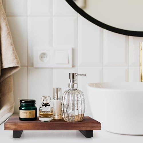 Small Kitchen Sink Soap Tray for Counter Bathroom Vanity Tray Wooden Risers for Kitchen Countertop Decor Dish Soap Dispenser Farmhouse Wood Pedestal Bathroom Organizer Accessories Decorative Trays - color: Brown, size: 8.6" x 4" x 1.6"