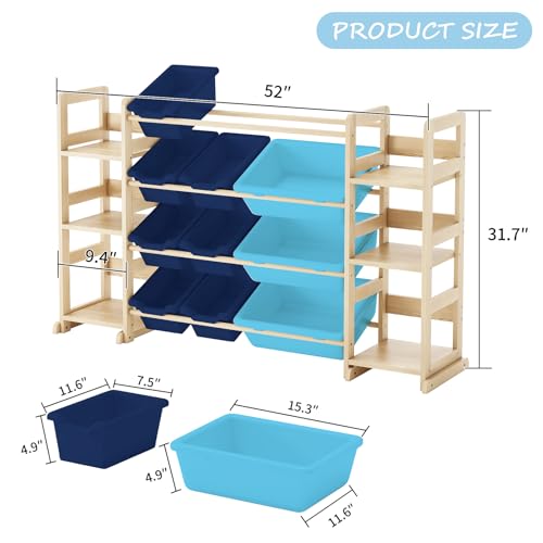 EXPERLAM Extra Large Toy Storage - Toy Storage Organizer, Wooden Toy Organizer with 6 Side Shelves and 12 Bins, 3-in-1 Bookshelf for Kids Rooms, Bedroom, Playroom, Nursery, Blue - color: Blue, size: 52 inches (L) x 11 inches (W) x 31.5 inches (H)