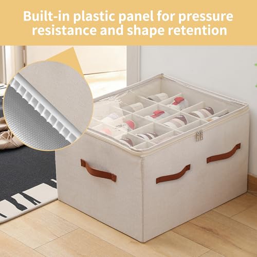 Shoe Organizer for Closet, Foldable Large Shoe Storage Box with Clear Cover, Removable Partitions and Bottom are Supported by Plastic Boards (Beige, 20.5“Lx16.9 Wx13'H) - color: Beige