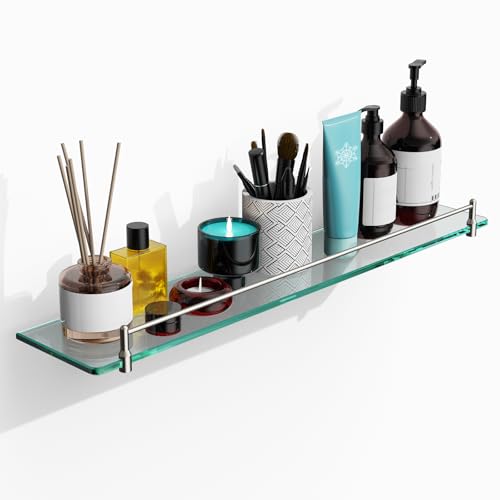 24 Inch Glass Bathroom Shelves,Brushed Nickel Floating Shelves for Wall Rectangular Modern Stainless Steel Glass Shelf for Bathroom Shelves Wall Mounted - color: Brushed Nickel, size: 24"with railing