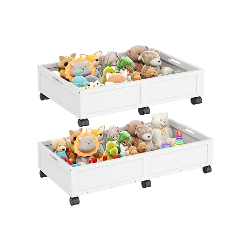 WISUCART Wood Under Bed Storage Containers Underbed Organizer with Wheels Sturdy Wood Rolling Under Bed Shoe Storage Organizer 2 Packs (White, Large) - color: White