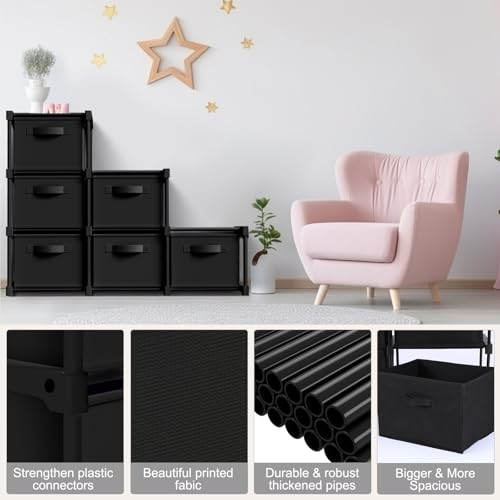 Thyle Large Cube Storage Organizer Shelf with 6 Bins 14 Inch Fabric Collapsible Cubby Storage Drawers Shelving Unit for Christmas Ornaments Clothes Toys Craft(Black,Minimalist) - color: Black, style: Minimalist