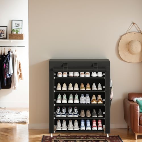 Laiensia 5-Tier Vertical Shoe Rack Organizer, Space Saving Shoe Storage Organizer, Non-Woven Cover Shoe Shelf Holds 20-25 Pairs for Bedroom, Hallway, Closet Entryway, Black - color: Black, size: 5-tier
