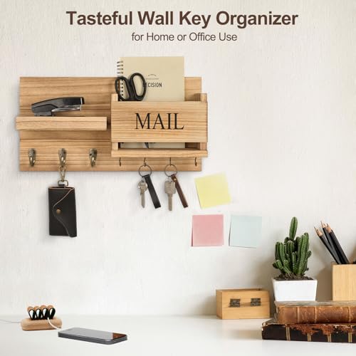 Lwenki Mail Organizer for Wall Mount – Key Holder with Shelf Includes Letter Holder and Hooks for Hallway Farmhouse Decor – Rustic Wood with Flush Mounting Hardware (16.5” x 9.1” x 3.4”) (Wood) - color: Wood