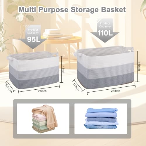 OIAHOMY Extra Large Blanket Basket, 110L Cotton Rope Woven Laundry Basket, Toy Bin for Baby Room, Container for Blanket Storage in Living Room, 24.8''×17.3''×15.8'', Gradient Grey - color: Gradient Grey, size: 110L