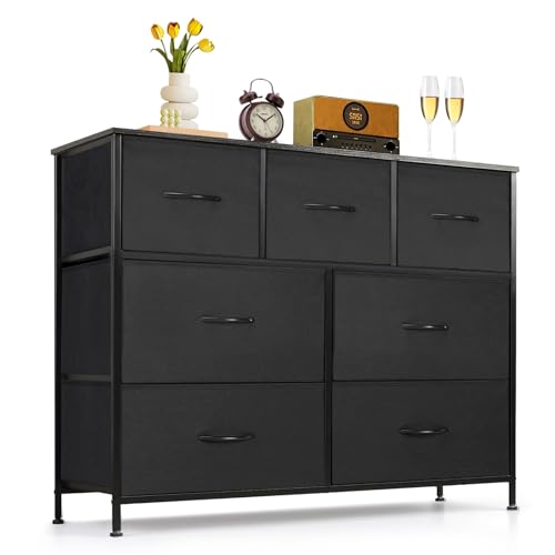 7-Drawer Dresser for Bedroom, Anti-Tip Wide Storage Organizer Fabric Chest of Drawers TV Stand for 45" TV with Wooden Top and Metal Frame for Closet, Living Room, Hallway, Entryway, Black - color: Black, size: 11.8"D x 39.3"W x 30.3"H (7 Drawers)