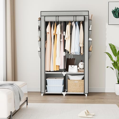 Portable Closet for Hanging Clothes, Portable Wardrobe Closet with Cover, 4 Storage Shelves, 2 Hanging Rods and 8 Side Pockets, Easy Assembly and Sturdy Free Standing Closet for Bedroom, Grey - color: Grey