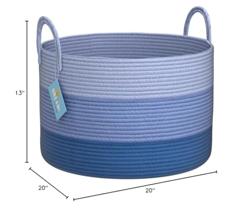 OrganiHaus Large Woven Storage Basket for Blankets and Toys 20" x 13" Inch, Rope Laundry Basket with Handles, Cushions & Pillows Storage Bin, Nursery Hamper, Soft Round Dog Toy Bin - Blue - color: 3-toned Blue, size: Wide