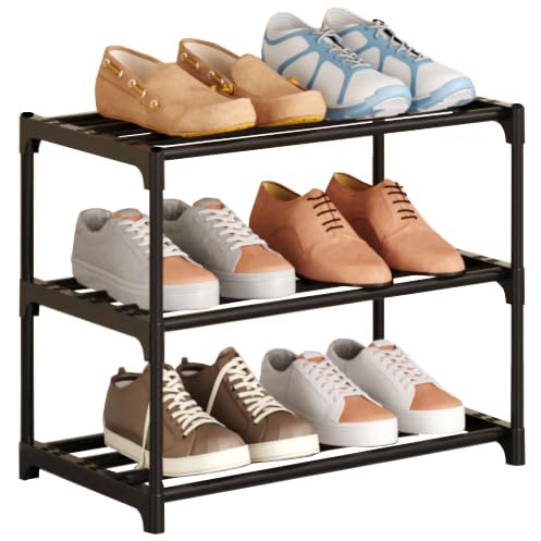 Metal Stackable Small Shoe Rack Organizer, Narrow Shoe Racks for Closets Entryway, Shoe Stand,Shoe Shelf with Handle (3-Tier-Black) - size: 3-Tier-Black