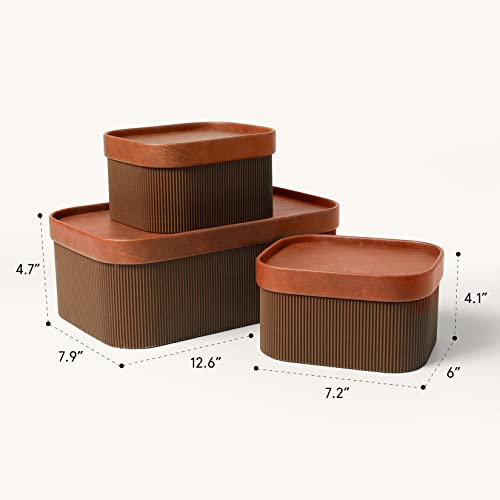 LA JOLIE MUSE Fluted Cardboard Storage Baskets with Leather-Like Lids, Sturdy Stackable Paper Boxes Decorative Tray, Chocolate Brown, Set of 3 - color: Chocolate Brown