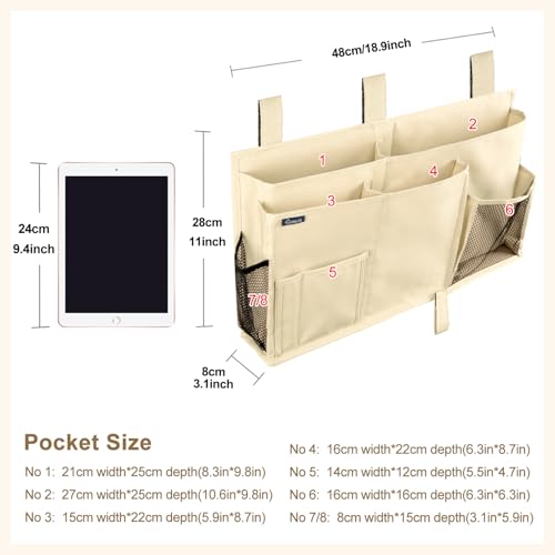 Surblue Bedside Caddy Hanging Organizer Storage Bag Pocket for Bunk, Hospital, College Dorm Rooms, Baby Bed Rails, Camp - 8 Pockets, Large, Beige - color: Beige, size: Large