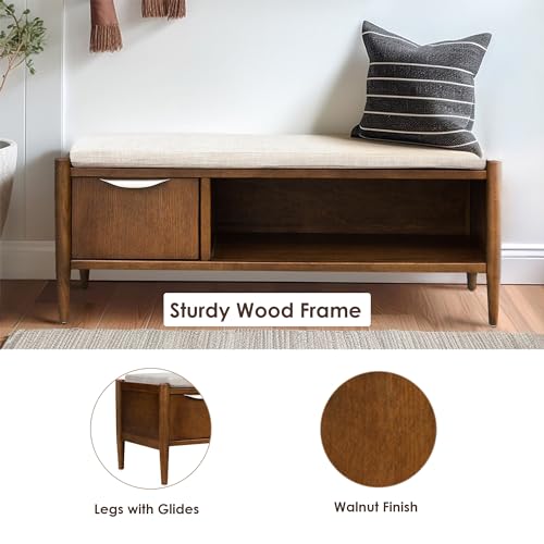 Ink+Ivy Arcadia Entryway Accent Bench with Shelf Shoe Rack, Padded Seating Bench for Living Room, Modern Compact Bed End Bench with Storage for Bedroom Seating, Removable Cushion, 42" W, Walnut Brown