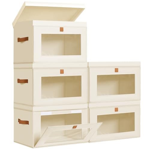 DIMJ Storage Bins with Lids - 5 Pack Large Fabric Closet Organizer with Window & Handles, Collapsible Decorative Storage Boxes for Shelves Under Bed, Books Clothes Blankets Sweaters Organization - color: Beige, size: Small-5 Pack