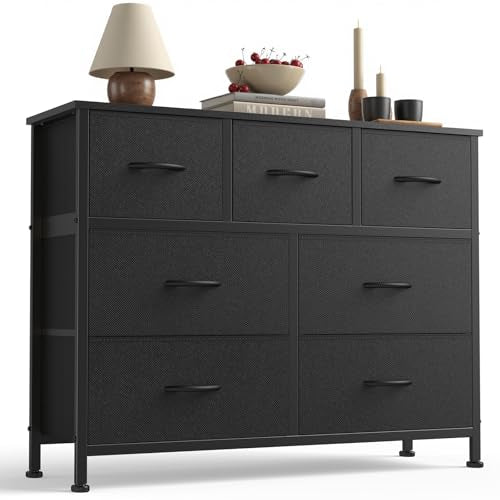 Sweetcrispy 7 Drawer Dresser with Fabric Bins Fabric Storage Tower Organizer for Bedroom Closet Hallway Entryway Tall Chest of Drawers with Steel Frame Wood Top Easy Pull Handles,Black - color: Black, size: 11.8"D x 39.3"W x 30.3"H (7 Drawers)