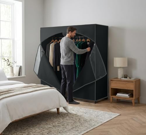 HOLDN’ STORAGE Portable Wardrobe Closet - 65 lb Large Capacity, Internal Heavy Duty Metal Rod, Zipper & Clear Window, Durable Clothes Organizer, Tool-Free Easy Assembly, Black Canvas Cover - color: Black, size: Large
