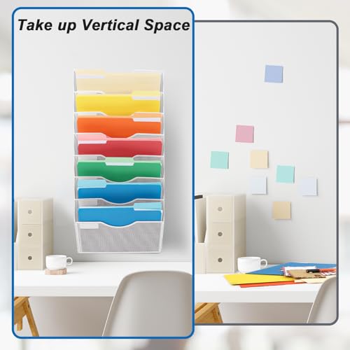 EASEPRES 8 Pocket Mesh Hanging Wall File Organizer, Wall Mounted Mail Paper Document Folder Holder, Clipboard Storage Organization Magazine Rack with Nametag Label for Office Home School, White - color: White, size: 8 Tier