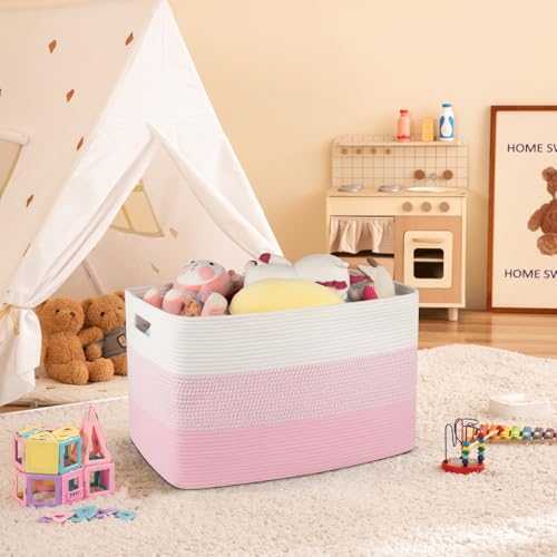 OIAHOMY 108L Super Large Blanket Basket For Living Room, 25”x16”x16” Rectangle Woven Baskets For Storage, Toy Storage with Handle - Pink&White - color: Pink&White