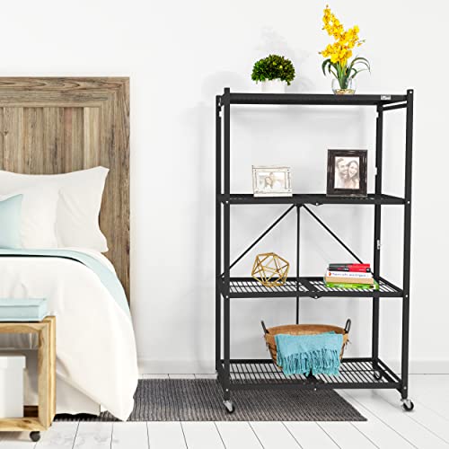 Origami R5 4-Shelf Heavy-Duty Folding Storage Rack, Black – Large Foldable Metal Shelving Unit with Wheels for Garage, Pantry, Basement, Laundry Room or Warehouse - color: Black, size: 1-Pack