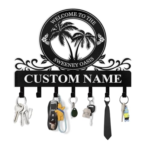 Personalized Key Holder for Wall - Beach Theme Coat Rack Wall Mount with Palm Tree Design, Metal Key Organizer with Hooks, Key Hanger Wall Decor for Front Door Kitchen Bathroom, Housewarming Gifts - color: Color04 Palm Tree