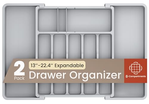 Gray Expandable Utensil Drawer Organizer 2 Pack, Adjustable 13” to 22.4”, 8 Compartment Silverware Organizer for Kitchen Utensils, Spatulas, Cutlery, and Tools, Easy to Clean, Durable, and BPA-Free - color: Gray, size: 8 Comp'ts (Pack of 2)