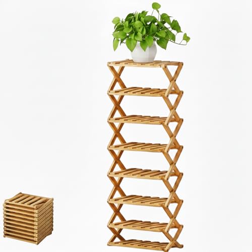 Foldable Shoe Rack, Bamboo Vertical Shoe Organizer Tall for Small Spaces. Multifunctional Narrow Shoe Shelf for Entryway, Closet, Corner, Bedroom, Hallway, Wood Color 7 Layers - size: 7th floor