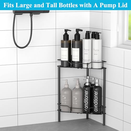 HuggieGems 2 Tier Floor Standing Corner Shower Caddy Organizer Shelf with Hooks, Bathroom Shelves Stand Rack, Black - color: Black, size: 2 Tier
