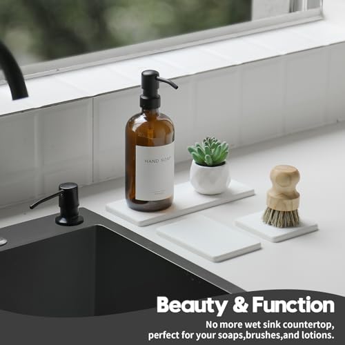 Razborci 3PCS Bathroom Sink Vanity Trays, Quick Stone Drying Mat Dish Soap Dispenser Sponge Holder for Kitchen Counter, Diatomaceous Earth Water Absorbing Caddy Organizer, White - color: 3 Pack - White, size: 9" X 3.5"