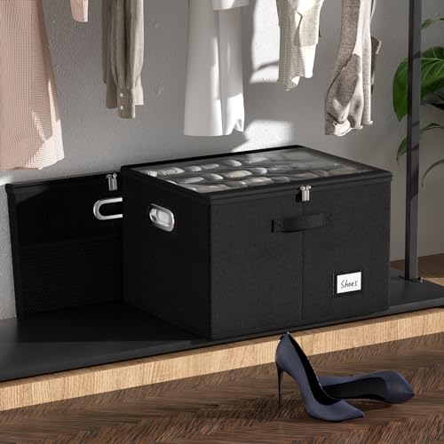 Shoe Organizer for Closet, Large Shoe Box Storage Containers with Clear Window, Space Saving Shoe Bin with Foldable Bottom Support Adjustable Dividers - Fits 16 Pairs (Black, (19.7*15.7*13)x1) - color: Black, size: (19.7*15.7*13)x1