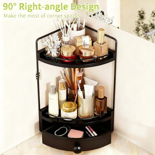 2-Tier Corner Bathroom Counter Organizer with Drawer & Embedded Screw Holes - Wooden Countertop Organizers for Skincare, Makeup Storage, Bathroom Sink Counter Shelf for Vanity, Kitchen, Black - color: Black