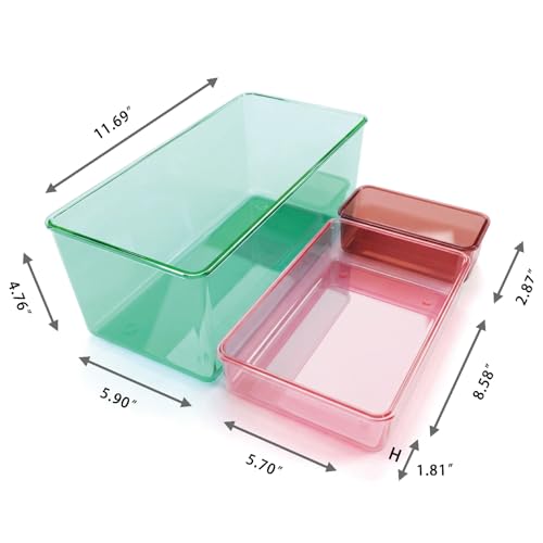 MOSSRIVER 3 Pack Clear Drawer Organizer Set, Plastic Desk Organizer Bin with Lid & Trays, Colorful Storage Box with Removable Trays for Cosmetics, Jewelry, Bedroom, Bathroom, Office, Combo 03 - color: Color 03