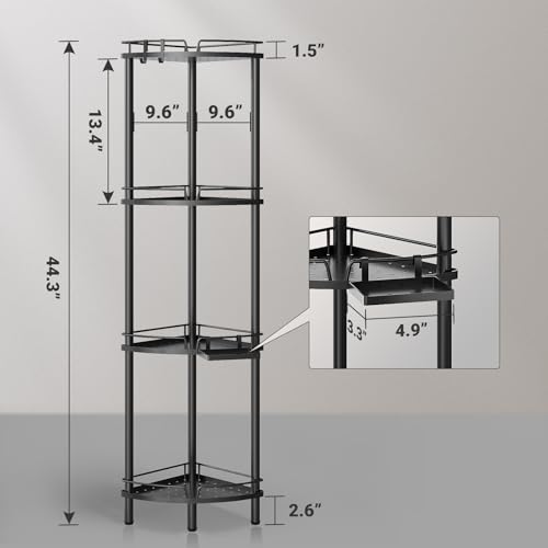 ELYKEN Corner Shower Caddy Standing, 4 Tier Rustproof Metal Shower Organizer with Soap Holder, Floor Shower Corner Shelf Rack Storage Stands with Adjustable Feet & 2 Hooks for Bathroom, Black - color: Black, size: 4 Tier