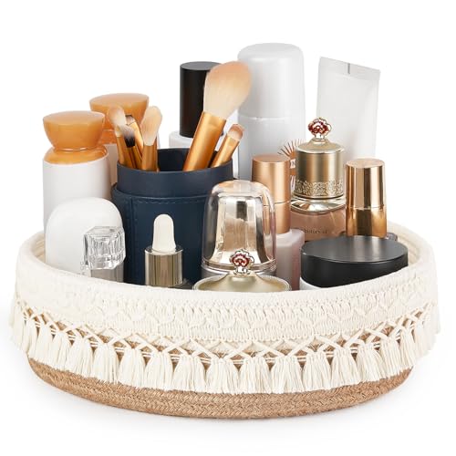 Mkono Makeup Perfume Holder Organizer Macrame Decorative Woven Rope Basket Boho Decor Cosmetics Desk Storage Baskets for Dresser Skin Care Lotions Essential Oils Dorm Room Essentials,Yellow and White - color: Yellow and White