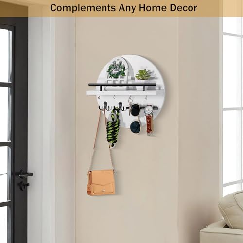 dreampossible Key Holder for Wall Decorative with Shelf and Hooks, Mail Organizer Wall Mount with Sunglasses Holder, Circular Design Entryway Key Rack Hanger, Rustic Home Decor for Mudroom - color: White&Black