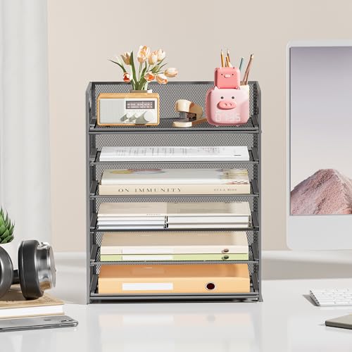 Subekyu 6-Tier Desk Paper Organizer, Desktop File Letter Tray with Handle, Document Sorter and Accessories Holder for Office, Home and School Workspace Organizers, Gray-2 Pack - color: 2 Pack 6-tier - Gray