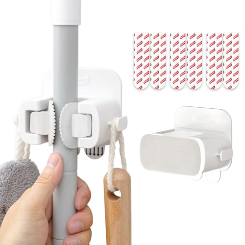 TAILI Mop and Broom Holder Wall Mount Grippers, 2 Hangers and 6 Adhesive Strips, Damage Free Hanging Wall Mount, Household Cleaning Organizer for Organization and Storage, Holds up to 4 lbs, White - color: White, size: 2 Pack