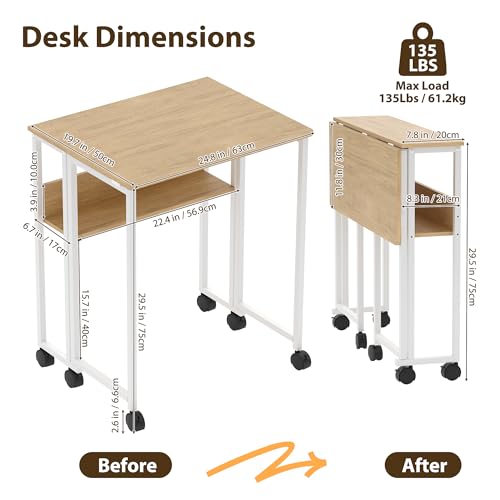 Folding Desk Small Rolling Desk with Storage Shelf,24.8 Inch Foldable Computer Table with Wheels,Portable Office Desk for Small Space Sofa Table,Easy to Fold,Writing Work Office Computer Desk,Oak - color: 24.8" Oak