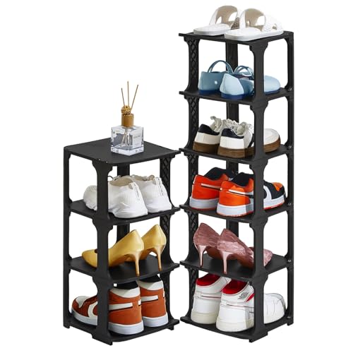 5 Tiers Shoe Rack Organizer for Closet Shoe Holder Storage Narrow Plastic Vertical, Free Standing Shoe Rack Shelf for Entryway Stackable Stability DIY, Black - color: Black