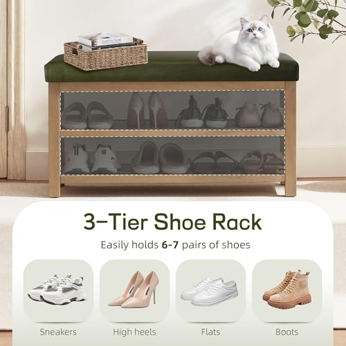 Zihanhome Shoe Rack Bench with Leather Cushion, 2 Tier Solid Wood Storage Bench, Mid-Century Modern Shoe Bench for Entryway, Hallway, Closet, Front Door Entrance, Foyer (Green, 31.5) - color: Green, size: 31.5"