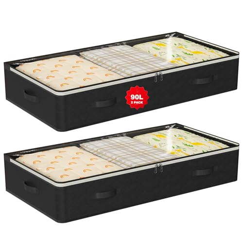 90L Under Bed Storage Containers,2-Pack Closet Organizers and Storage Bins,for Organization and Storage Clothes, Shoes, Blankets & Pillows,Visible Transparent Top Storage Bins with Lids, Black - color: Black, size: 2 Pack