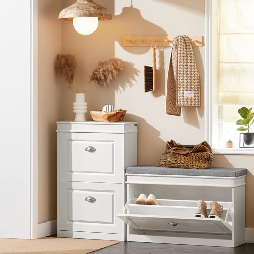 Haotian Shoe Storage Bench with Cushion, White Narrow Shoe Rack for Entryway, Small Shoe Cabinet with Flip-Drawer, Closet Hallway Mudroom FSR82-L-W - color: White, size: 1 Drawer:29.5x9.4x20"