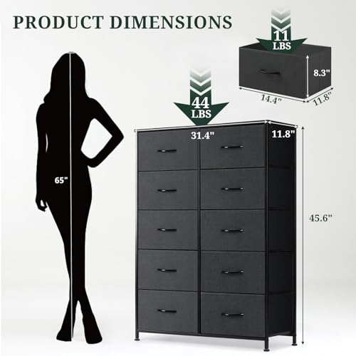 10-Drawer Dresser for Bedroom, Anti-Tip Tall Storage Organizer Chest of Drawers with Wooden Top and Metal Frame Fabric Bins for Closet, Living Room, Hallway, Entryway, Black - color: Black, size: 11.8"D x 31.4"W x 45.6"H (10 Drawers)